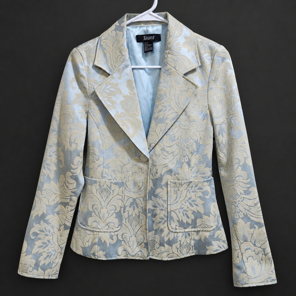 Taunt Womens Blue Cream Damask Jacquard Blazer Single Button Floral Jacket M